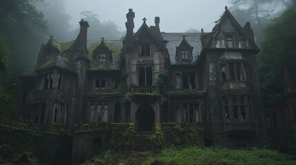 Forgotten Grandeur: Haunted Mansion In A Dense Forest Under The Dark Fog.