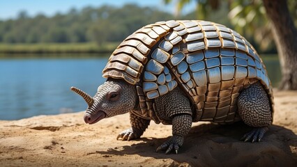 Fototapeta premium Armadillo Close-Up on Sandy Surface in Natural Habitat