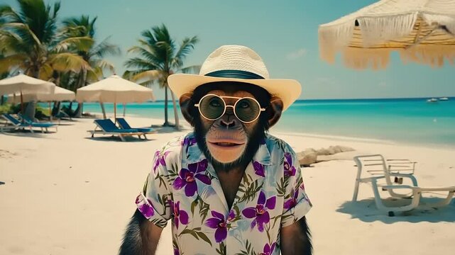 Primate in Hawaiian shirt on beach.