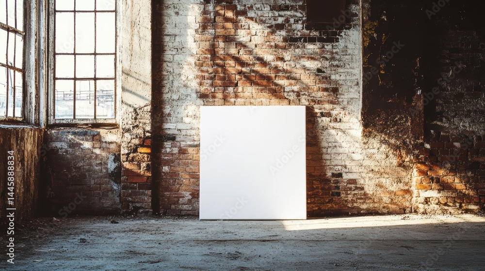 Poster blank canvas mockup in a rustic brick industrial building with sunlight streaming through a large wi