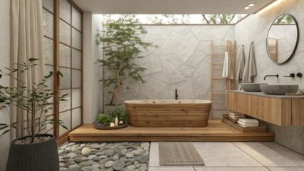 Creating a modern zen bathroom oasis with wooden bath tray and eucalyptus leaves soft neutral palette tranquil environment