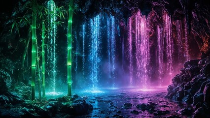 Obraz premium Glowing jade bamboo in a cavern, illuminated by otherworldly light and falling synthetic rain.