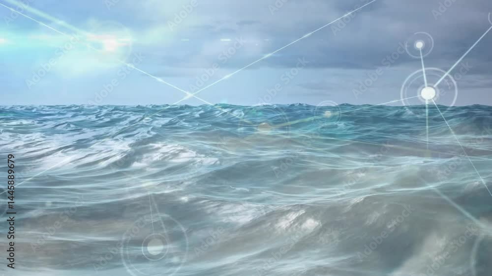 Poster 3d render showing ocean waves rolling under cloudy sky, network nodes and lines overlaying surface