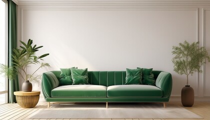 modern living room design with green sofa and empty white wall background home interior design illustration