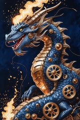 Obraz premium Intricate mechanical dragon with fiery mane and golden gears showcasing steampunk artistry