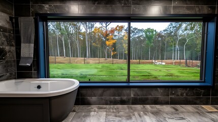 Bathroom serenity: A nature view through the expansive window enhances relaxation