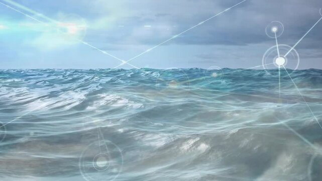 3D render showing ocean waves rolling under cloudy sky, network nodes and lines overlaying surface