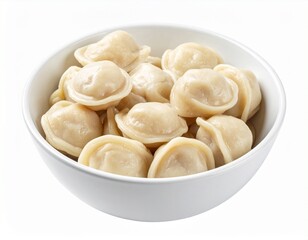 white ceramic bowl filled with freshly cooked Russian pelmeni dumplings isolated on white background