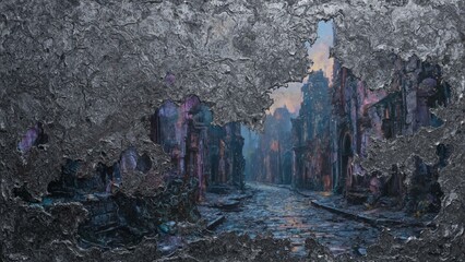 Weathered titanium armor decays amongst gothic ruins beneath a twilight sky, hinting at lost glory.