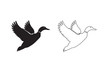 Silhouette of a duck in flight, perfect for nature or wildlife themes.