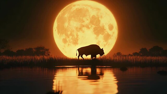 Silhouette bison night moon landscape