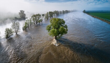 aerial drone view of high water in maas river tree in water and fog flood in the netherlands