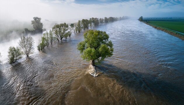 aerial drone view of high water in maas river tree in water and fog flood in the netherlands