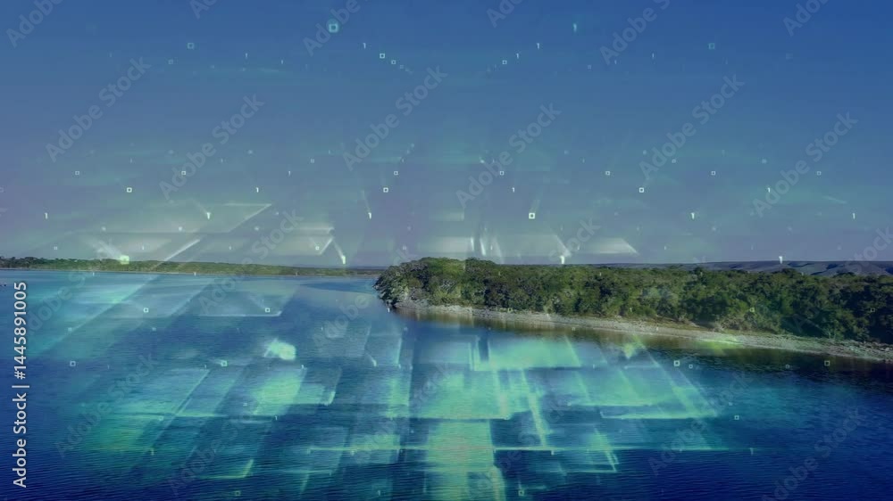 Poster forested peninsula extending into blue lake, displaying floating hud squares and binary digits