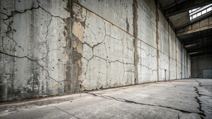 Obraz premium Crumbling concrete warehouse interior with cracked walls and floors depicting industrial decay
