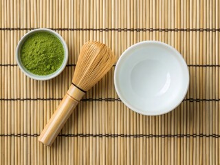 Preparing matcha top view of a japanese tea set with whisk and bowl on a straw mat in a zen environment