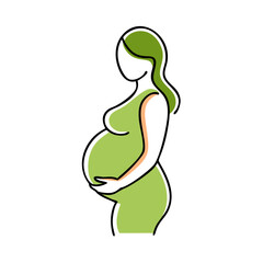 Pregnant woman holding belly in green silhouette outline style