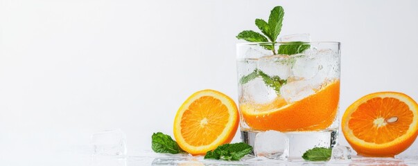 Fototapeta premium Refreshing drink with orange slices, ice, and mint leaves in a glass, alongside fresh orange and mint on a white background.