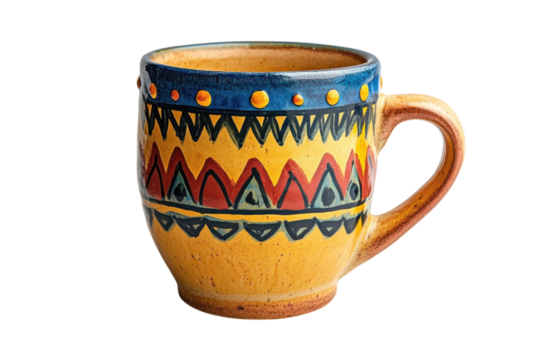 Handcrafted ceramic mug vibrant tribal design yellow blue red earthy tones rustic charm handcrafted