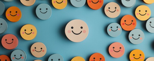 Fototapeta premium Colorful smiling face tokens on a blue background, symbolizing happiness, positivity, and individuality.