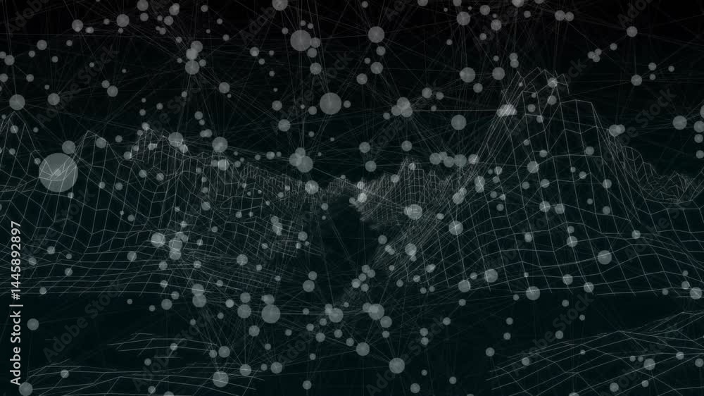 Poster translucent spheres floating across dark virtual space, forming animated 3d wireframe data network