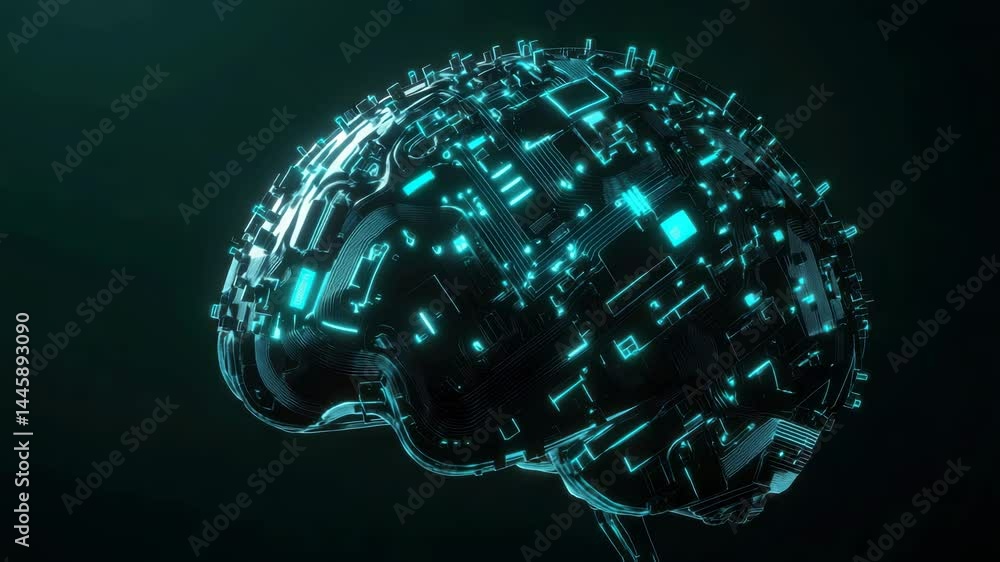 Poster a glowing digital brain with circuit patterns symbolizes artificial intelligence and advanced techno