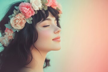 Fototapeta premium A serene young woman adorned with a floral crown.