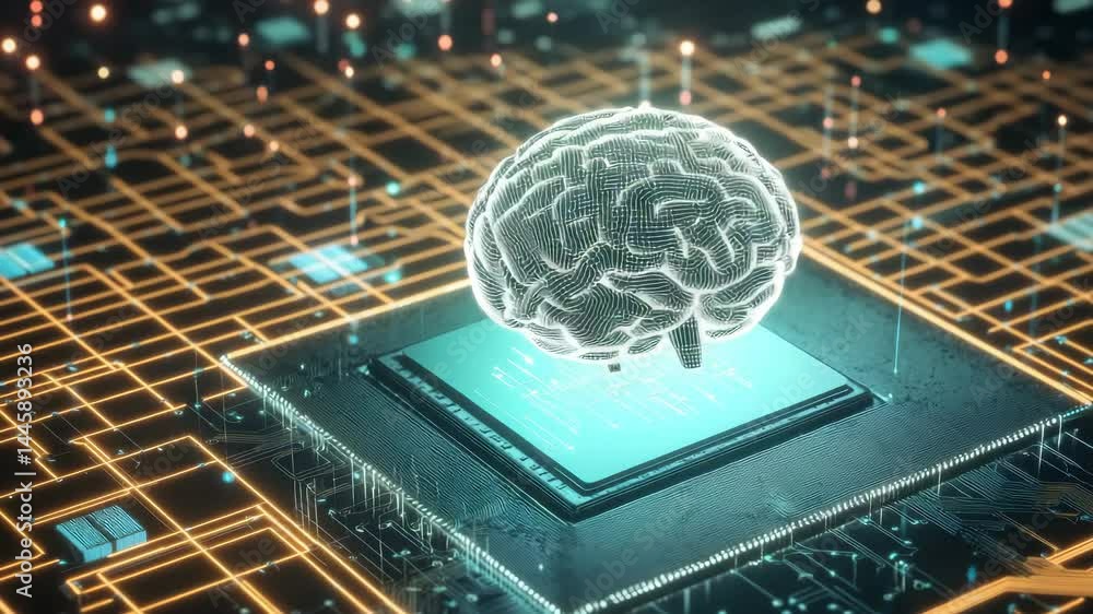 Poster a digital brain hologram hovers above a computer chip, representing artificial intelligence and adva
