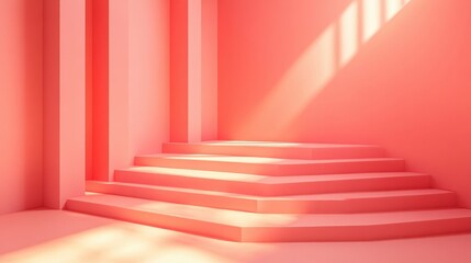 Obraz premium Soft pink interior with stairs and sunlight casting shadows, creating calm atmosphere