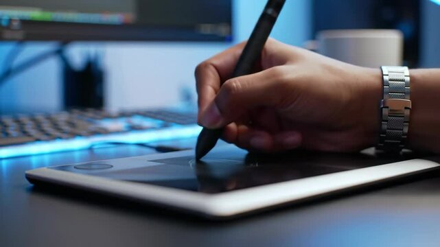 Close up hand of graphic designer or artist using digital pen stylus drawing or sketching on graphics tablet screen, illustrating creative work process, digital illustration, modern technology