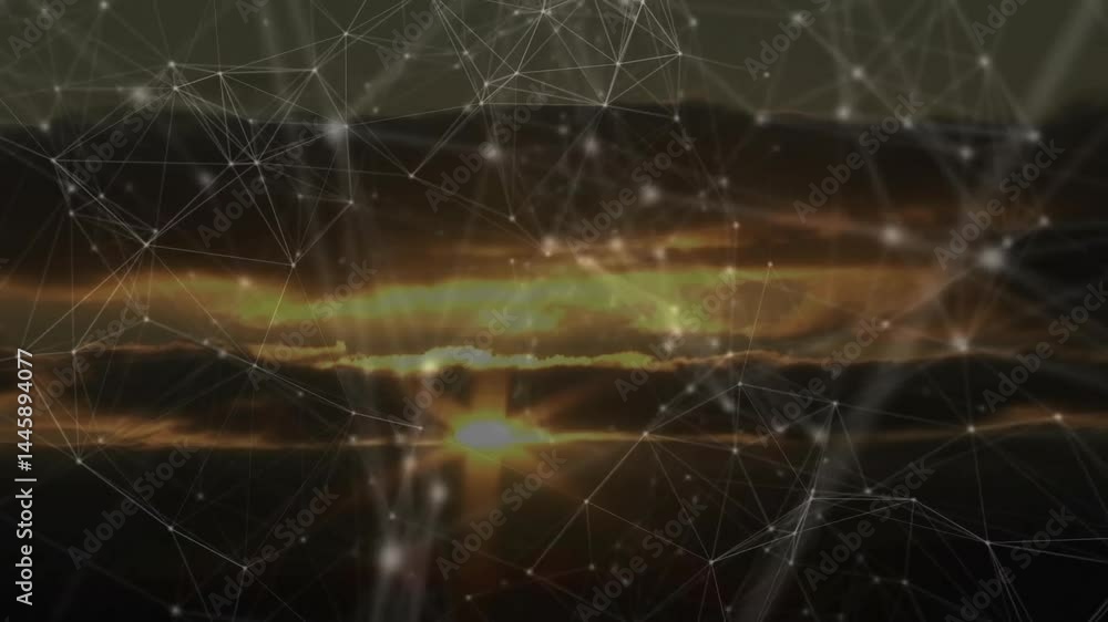 Aufkleber sun orb being visualized against golden clouds, showing light network overlay with glowing nodes