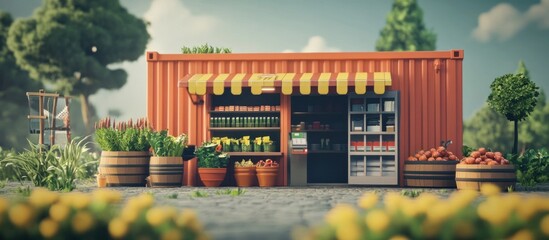 Colorful outdoor produce market with shipping containers converted into a vibrant retail stall displaying a variety of fresh fruits and vegetables for sale