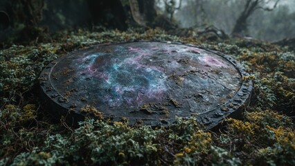 Weathered titanium armor amidst glowing moss within a derelict observatory; moonlit, somber scene.