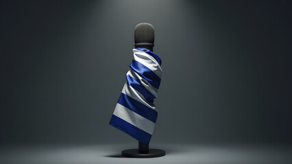 Uruguay’s flag silences a microphone, evoking media restrictions. Dark lighting enhances the tension. A striking minimalist protest image.