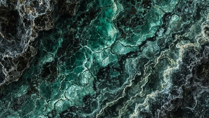 Fototapeta premium Fractured radioactive marble with emerald-black veins glows softly within a dark, cavernous grotto.