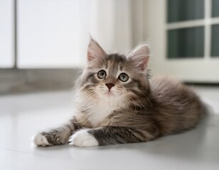 cute fluffy kitten lying on white floor and playfully looking