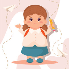 Girl holding pencil. Vector