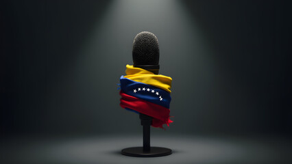 Venezuela’s flag gags a microphone, embodying media suppression. Stark lighting highlights the struggle. A bold minimalist protest image.