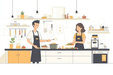 Happy couple cooking delicious meal together in bright kitchen minimalist style simple illustration