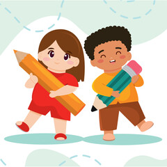 Fototapeta premium Kids with big pencils. Vector