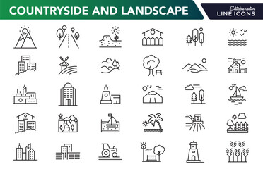 Countryside and landscape line icon set. Road, lake, view, land, sea, river, beach, desert, field, mountain, forest, island, volcano, waterfall outline vector icon collection. UI thin outline icon