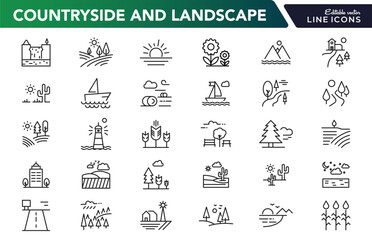 Fototapeta na wymiar Countryside and landscape line icon set. Road, lake, view, land, sea, river, beach, desert, field, mountain, forest, island, volcano, waterfall outline vector icon collection. UI thin outline icon
