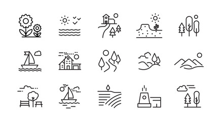 Countryside and landscape line icon set. Road, lake, view, land, sea, river, beach, desert, field, mountain, forest, island, volcano, waterfall outline vector icon collection. UI thin outline icon