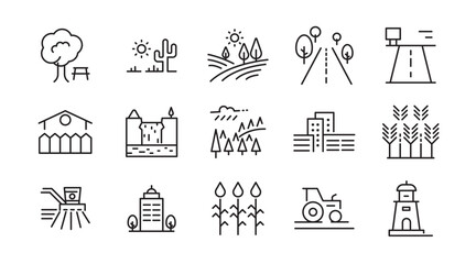 Countryside and landscape line icon set. Road, lake, view, land, sea, river, beach, desert, field, mountain, forest, island, volcano, waterfall outline vector icon collection. UI thin outline icon
