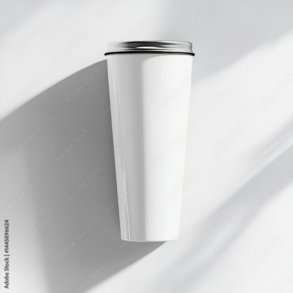 Poster minimalist white container with silver lid on textured backdrop casting leaf shadow product presenta