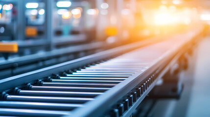 A brightly lit industrial conveyor belt stretches into the distance, highlighting modern manufacturing technology.