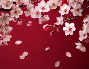 cherry blossoms drift in animation against a deep red background of subtle charm vertical