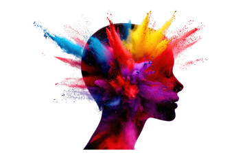 Obraz premium Vibrant Colorful Powder Explosion Forming a Woman's Head Profile Abstract Art
