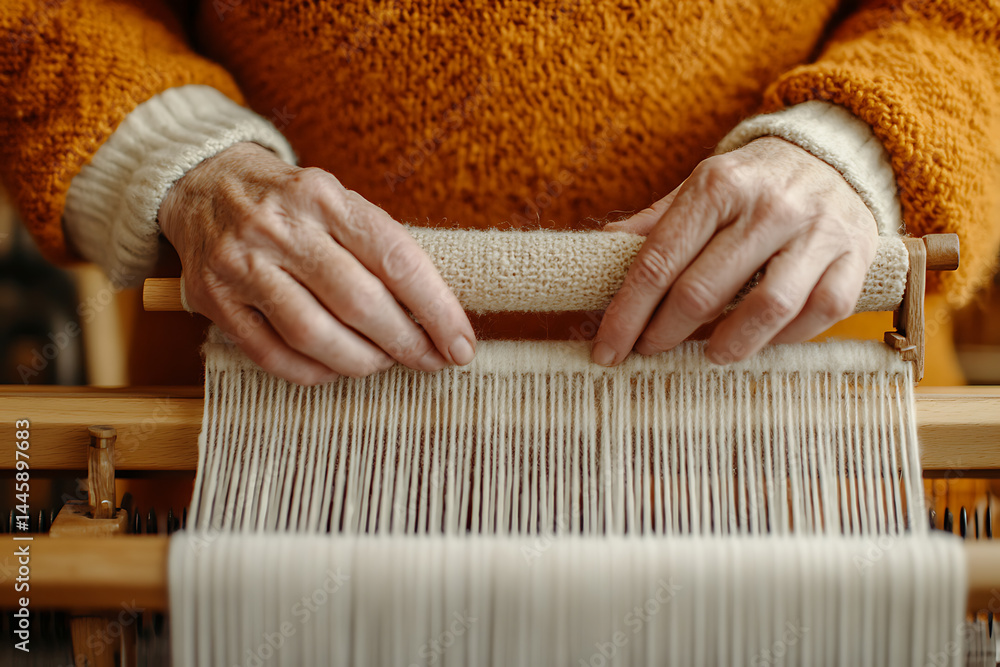 Aufkleber hands weaving intricate patterns on a loom, blending tradition with artistry. craftsmanship at its f