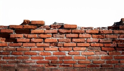 Fototapeta premium weathered red brick wall with cracks and peeling plaster revealing layers of history and age under soft light ruined collapsed cracked or broken weathered red brick wall white background